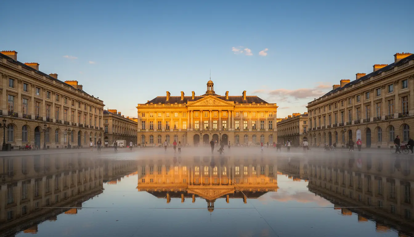 Place de la Bourse de Bordeaux et le miroir d'eau au crépuscule