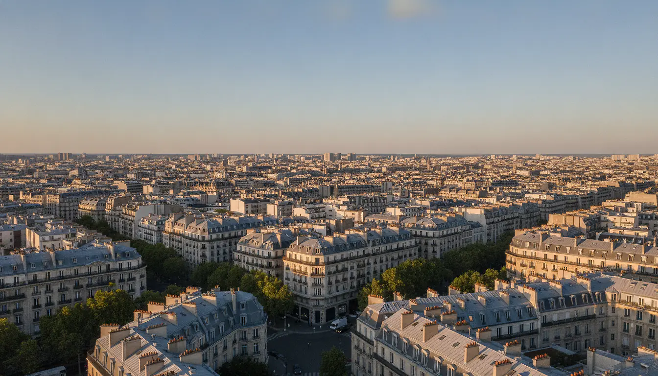 Vue aérienne de toits et façades d'immeubles anciens dans une ville française, lumière dorée