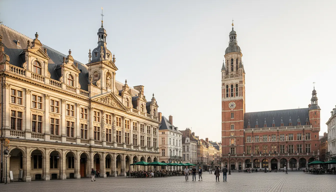 Grand Place de Lille et beffroi de l'Hôtel de Ville, vue éditoriale lumière naturelle