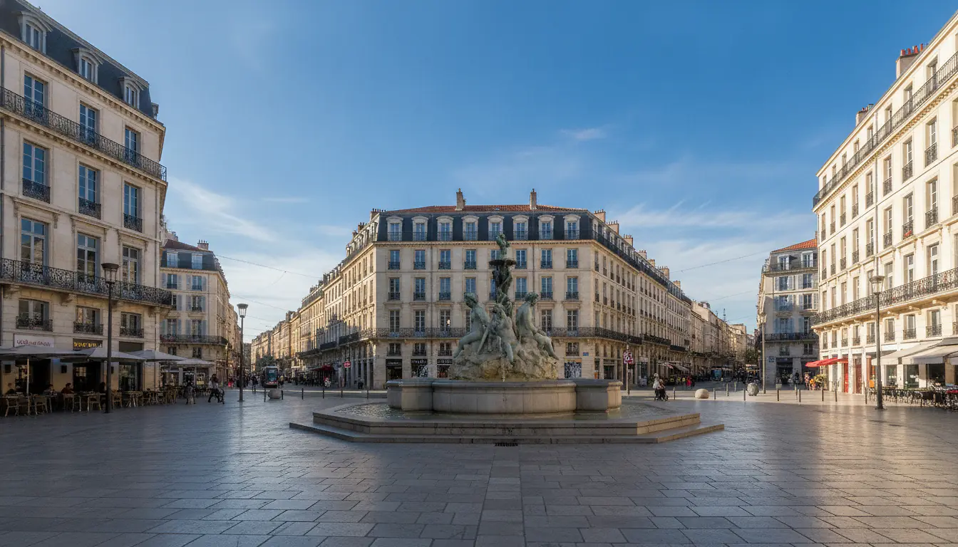 Place de la Comédie à Montpellier, façades haussmanniennes et fontaine des Trois Grâces