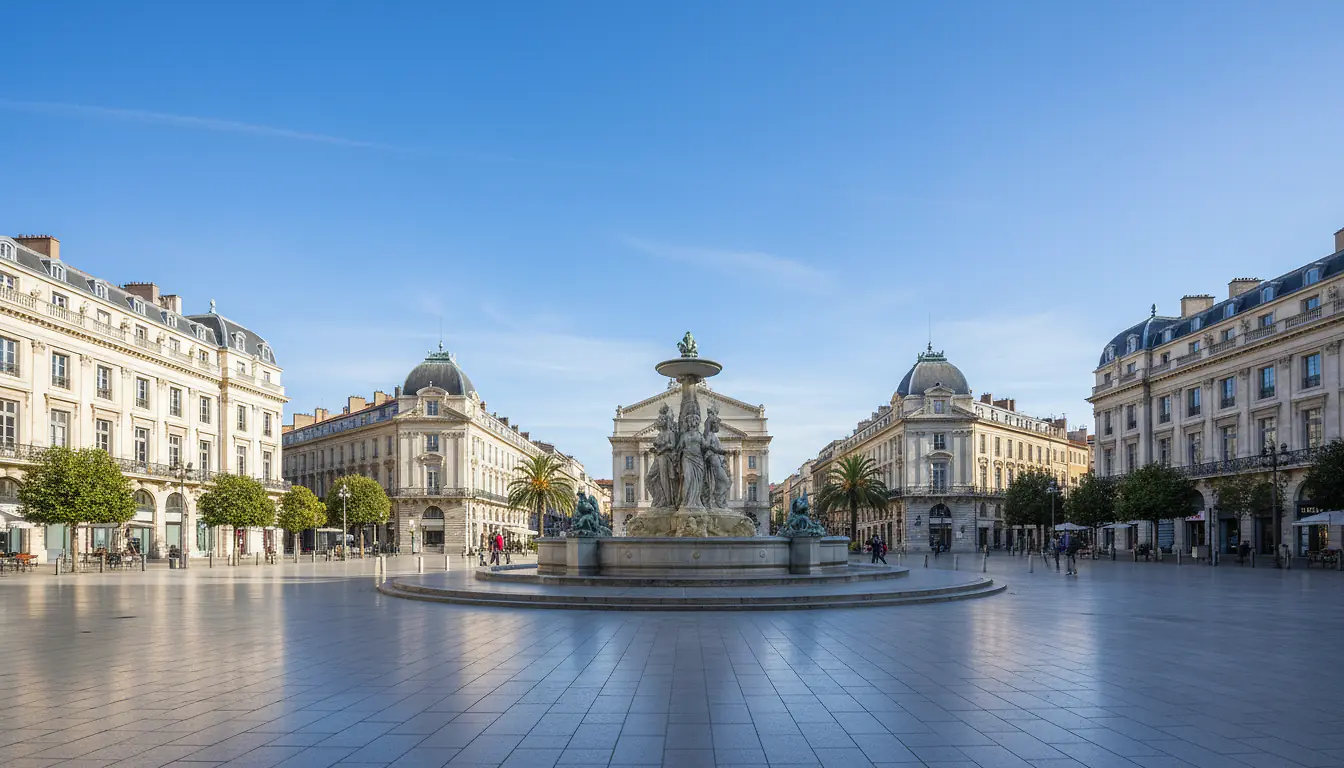 Place de la Comédie à Montpellier, fontaine des Trois Grâces, photographie éditoriale