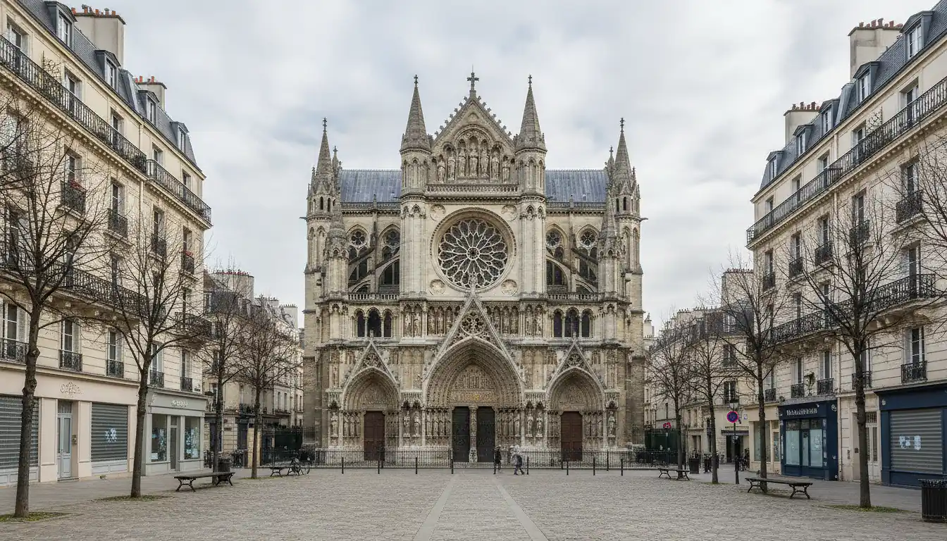 Façade gothique de la basilique de Saint-Denis et immeubles résidentiels de la place voisine