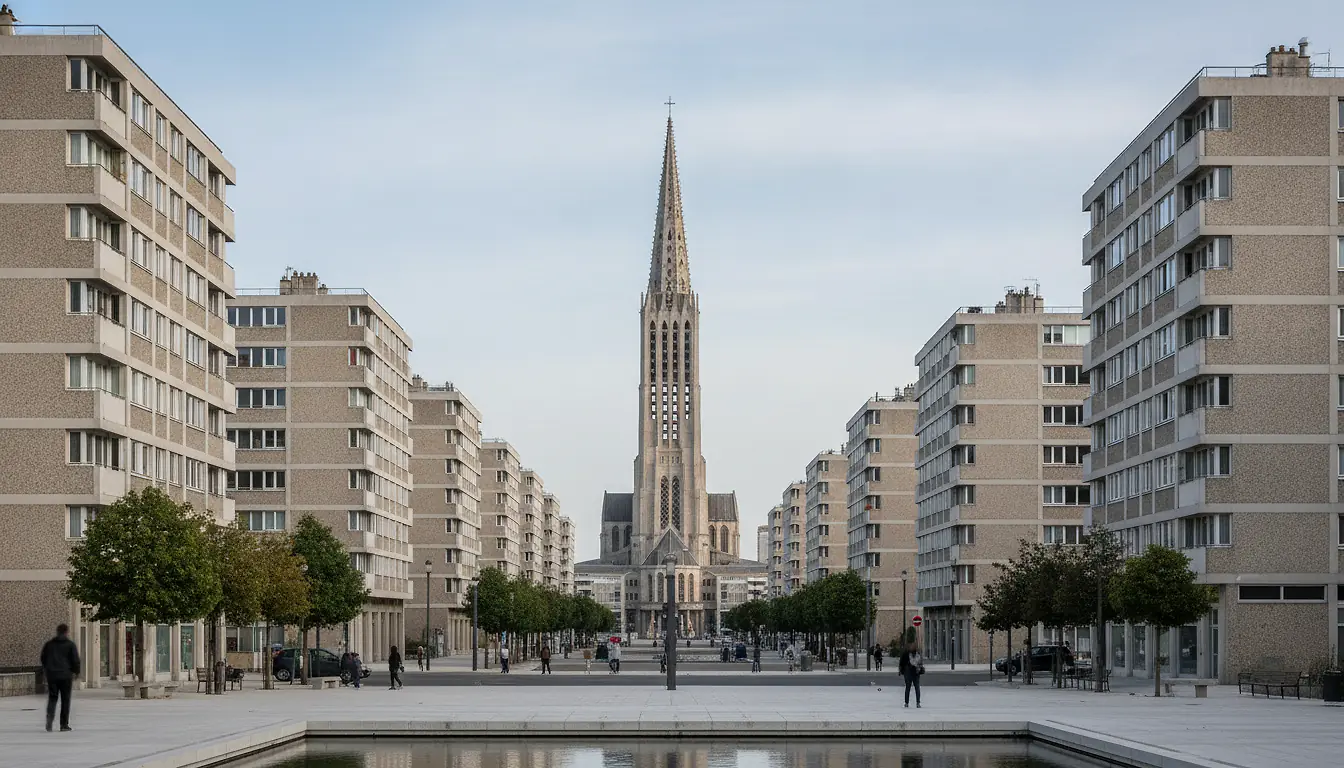 Immeubles du centre-ville reconstruit du Havre sous une lumière naturelle, architecture en béton d'Auguste Perret
