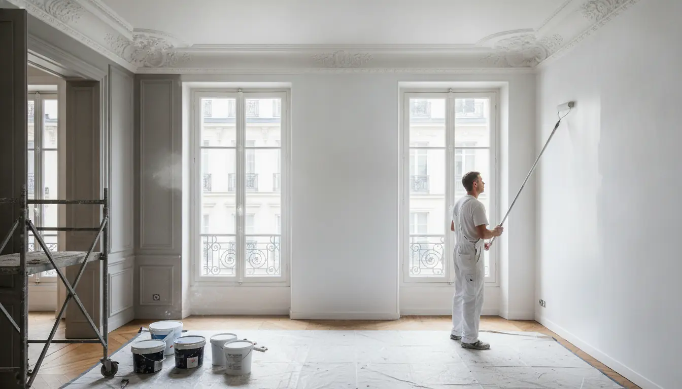 Peintre professionnel appliquant une finition blanche sur les murs d'un appartement rénové, lumière naturelle