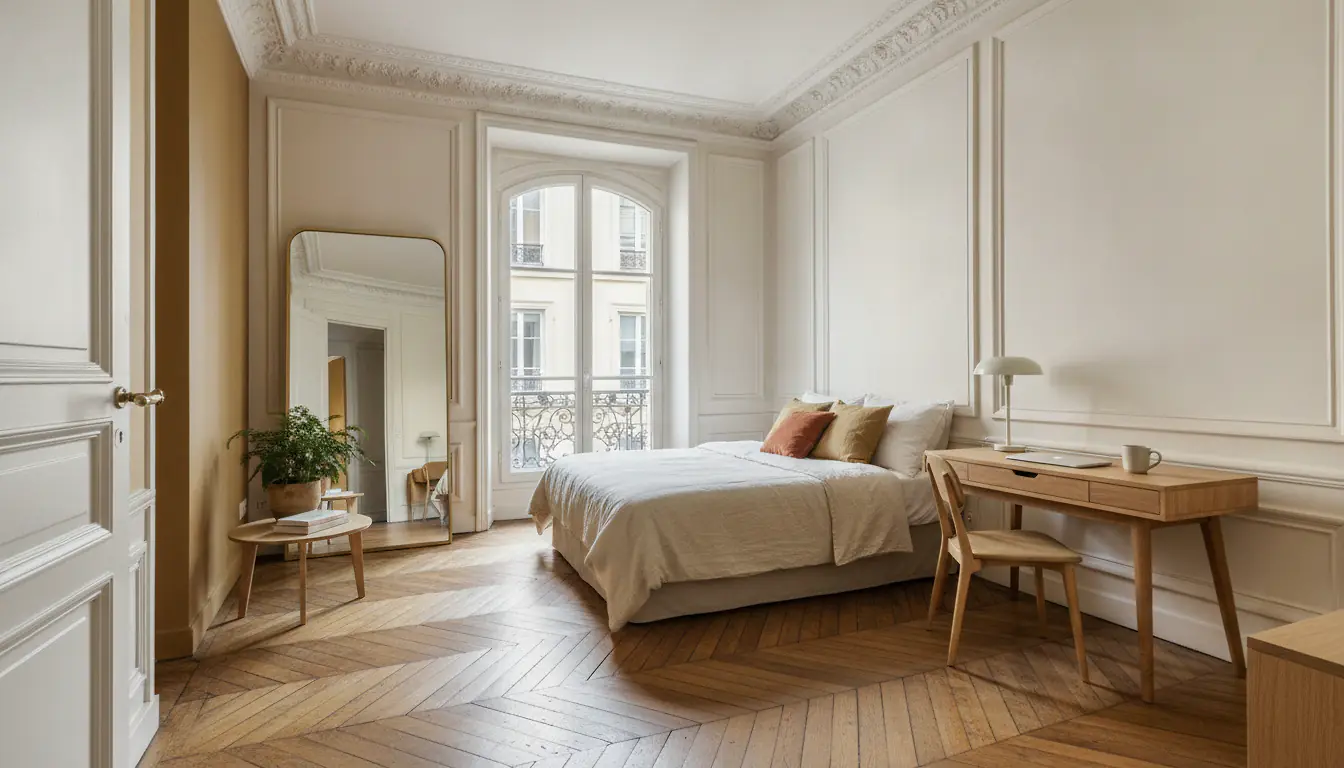 Studio parisien lumineux avec parquet ancien et moulures, lumière naturelle chaleureuse