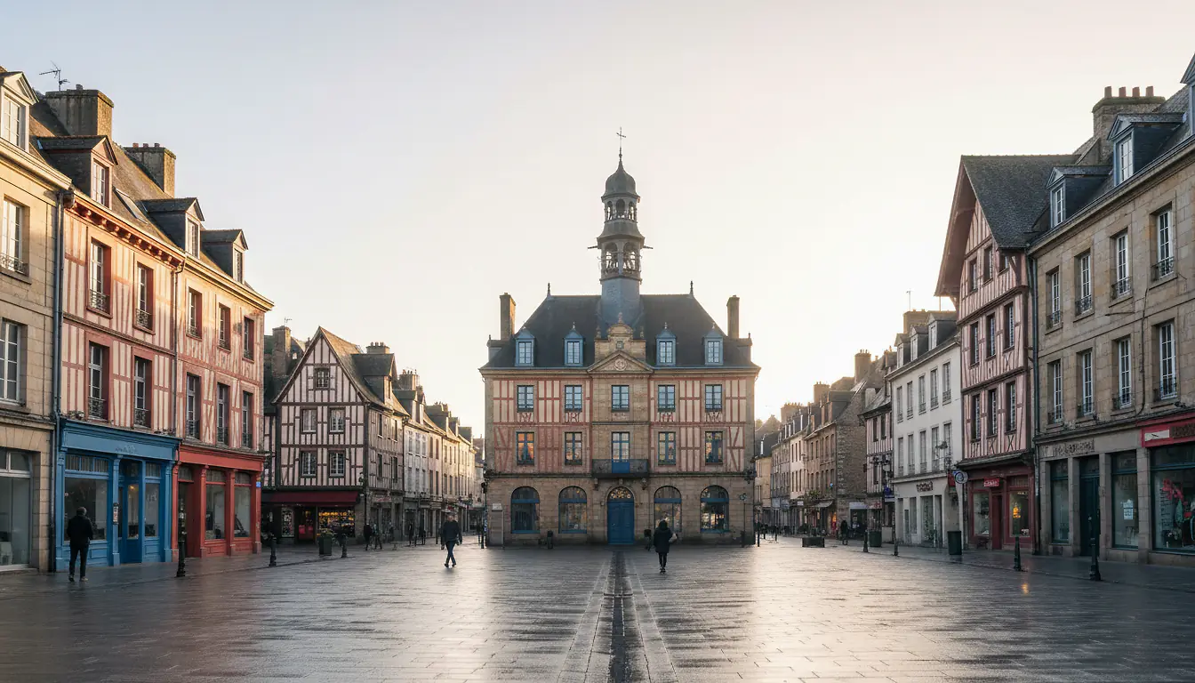 Place de la Mairie de Rennes et son beffroi sous un ciel lumineux, facades des maisons à colombages