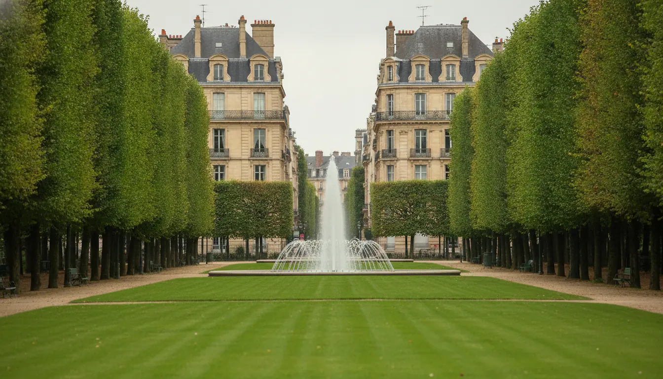 Parc du Thabor à Rennes, allées arborées et façades haussmanniennes