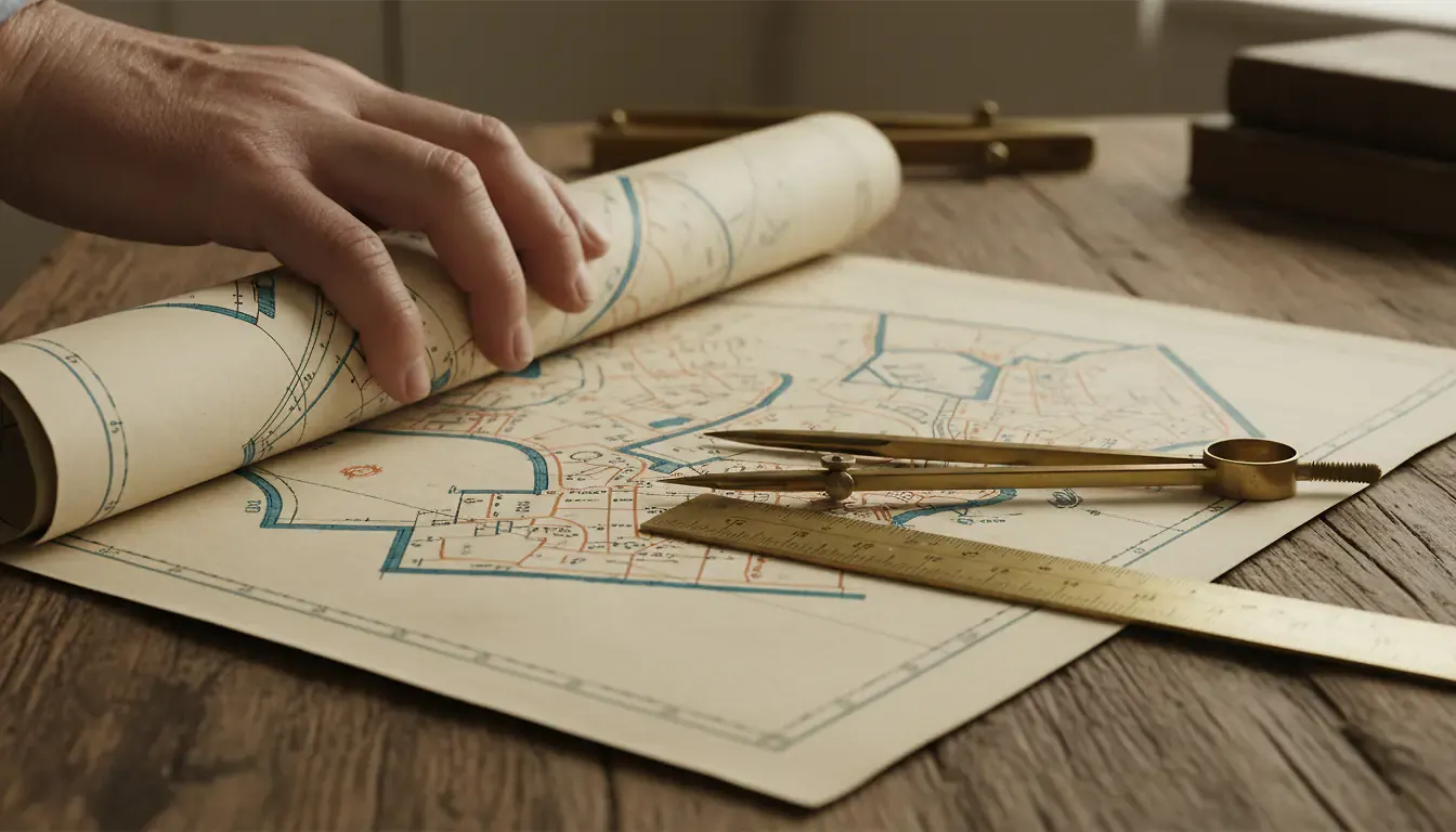 Plan cadastral et compas symbolisant le calcul de surface immobilière